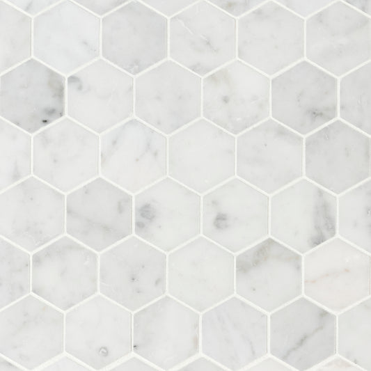 CARRARA WHITE 2" HEXAGON HONED